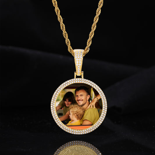 Iced Out Round Photo Pendant Necklace for Men and Women, Geometric Cuban Link Style Chain in Gold, Silver or Rose Gold Tone product image