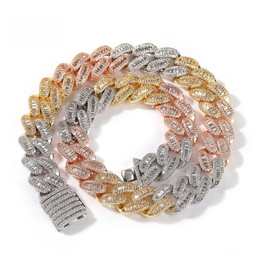 Iced Out Two-Tone Cuban Link Chain Necklace with Cubic Zirconia Pendant for Women and Men