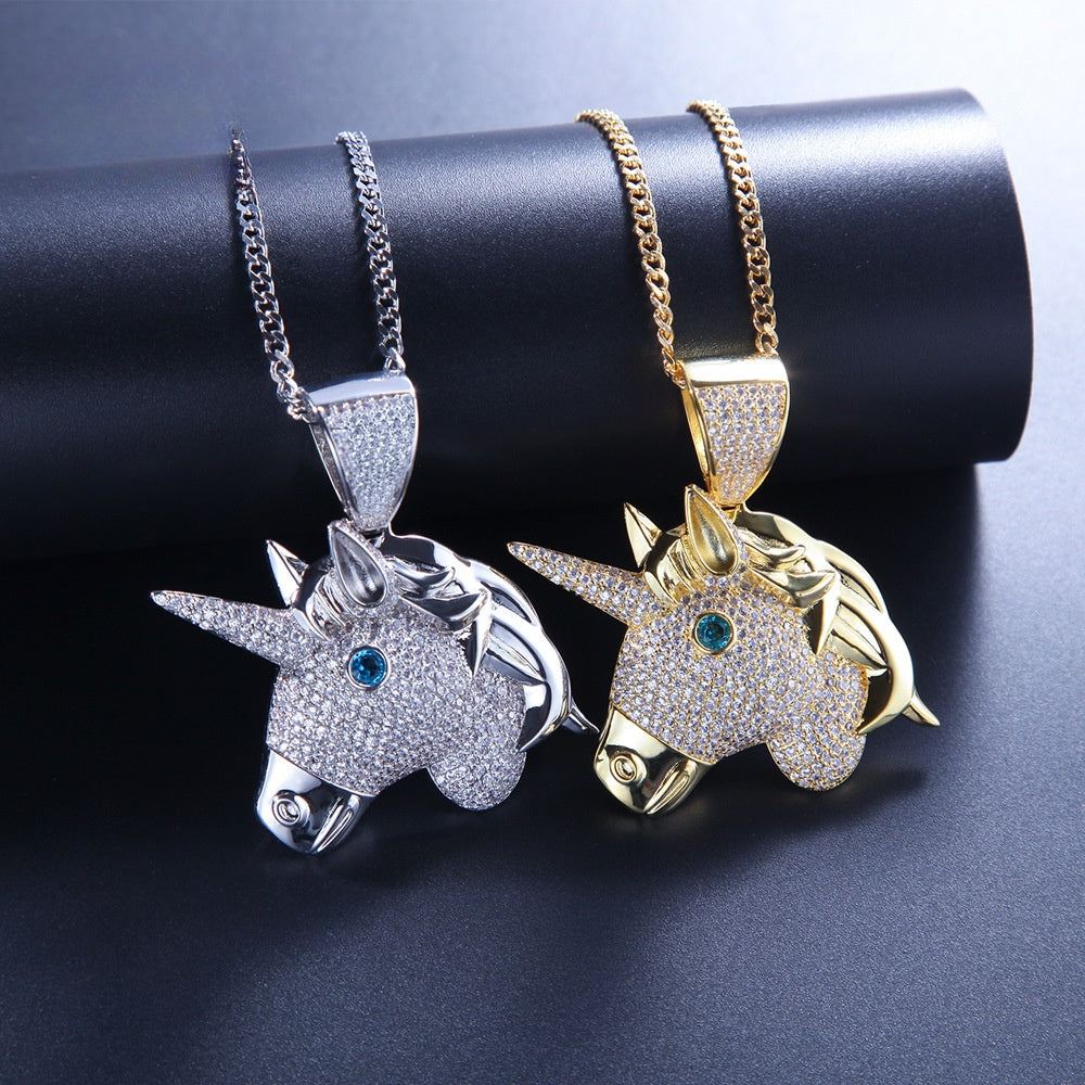 Iced Unicorn Head Pendant Necklace for Women – Cubic Zirconia Statement Chain in Gold Plated or Silver Plated Finish product image