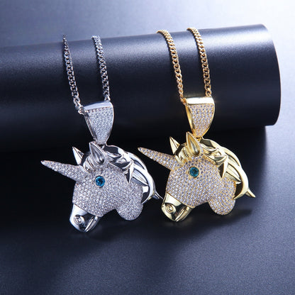Iced Unicorn Head Pendant Necklace for Women – Cubic Zirconia Statement Chain in Gold Plated or Silver Plated Finish