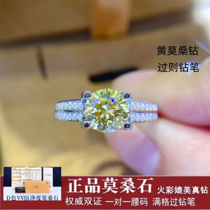 Yellow Moissanite Crown Ring Double Row Pavé Band Engagement Style Ring