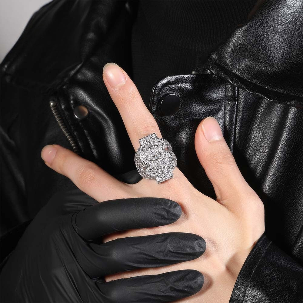 Silver tone iced coin CZ statement ring worn with black glove product image