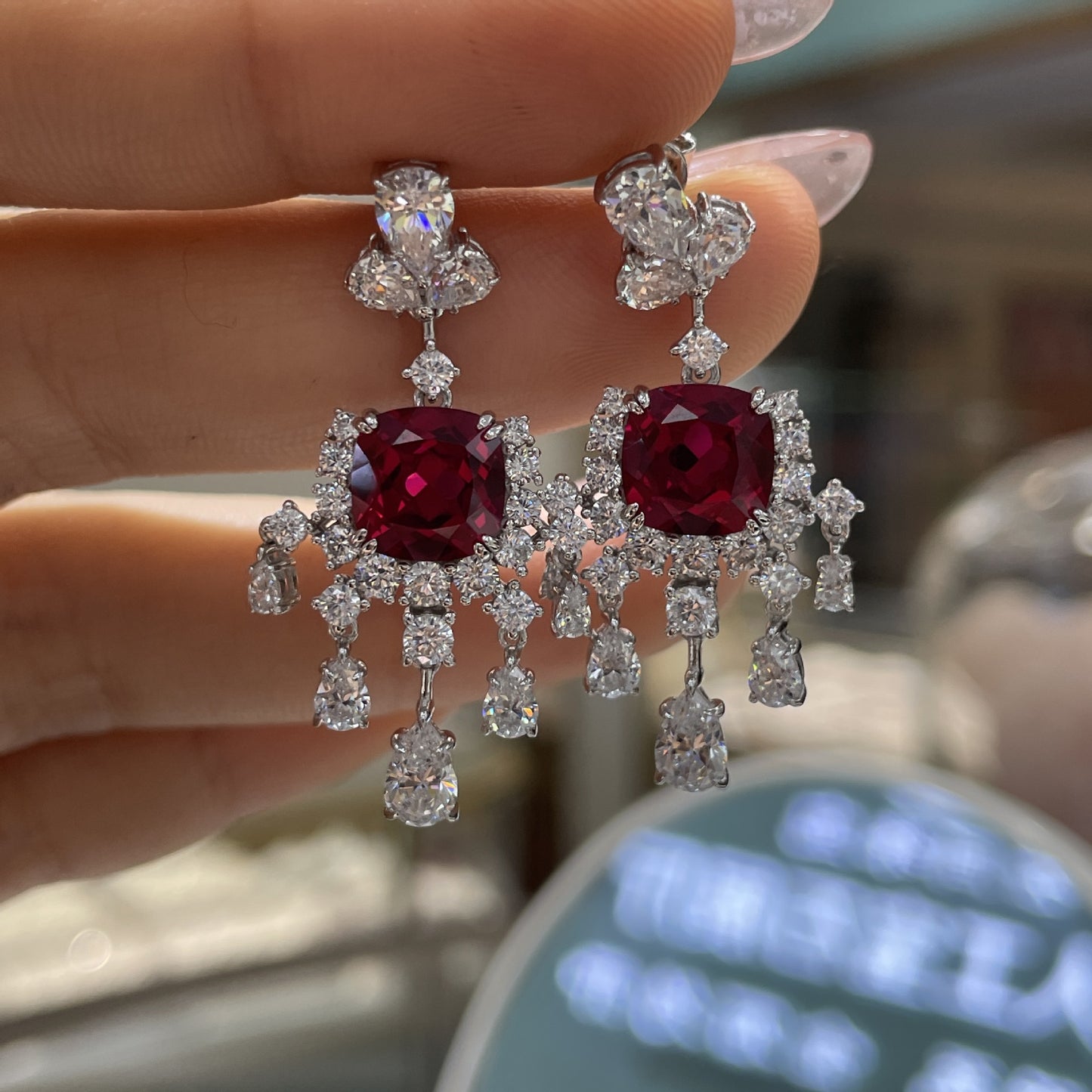 Red Crystal Drop Earrings, Cushion-Cut Dangle Earrings with Clear Sparkle Accents product image