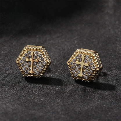 Unisex Cross Stud Earrings with Cubic Zirconia - Gold & Silver Tone Hip Hop Statement Earrings
