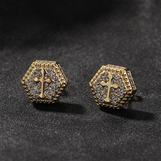 Unisex Cross Stud Earrings with Cubic Zirconia - Gold & Silver Tone Hip Hop Statement Earrings