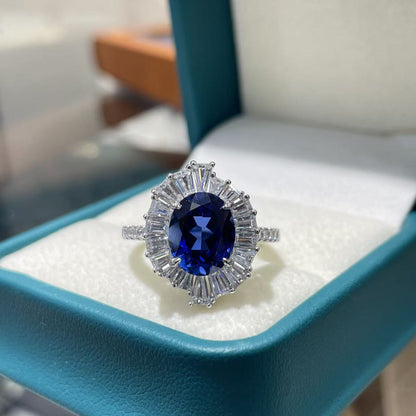 Oval Lab-Grown Sapphire Halo Ring, Blue Statement Ring, S925 Style