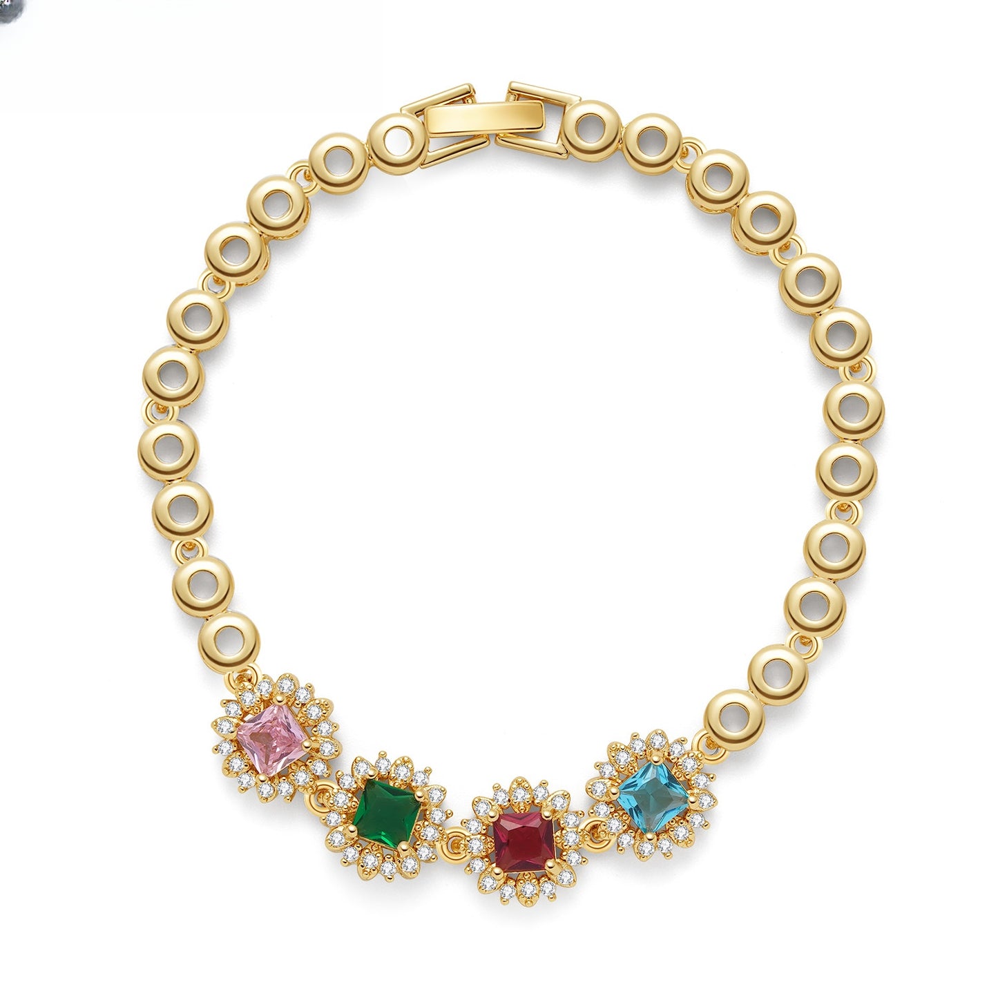 Gold Plated Circle Chain Bracelet for Women with Colorful Crystal Charms