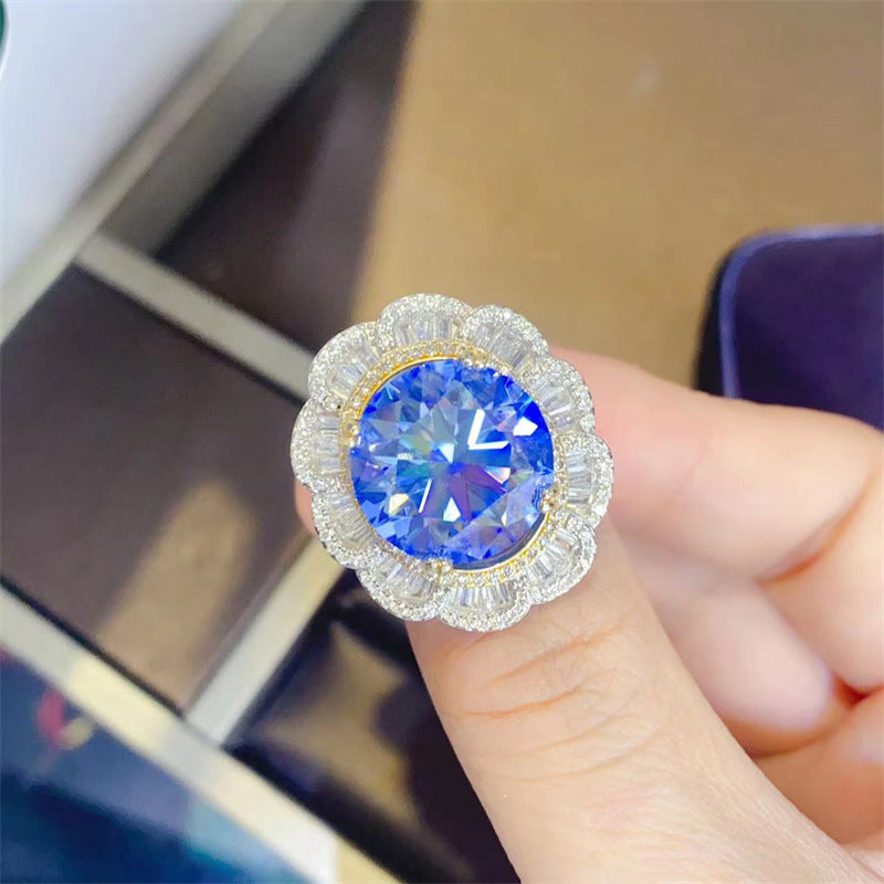 Blue Moissanite Halo Ring for Women, 5 Carat Floral Cluster Engagement Ring product image