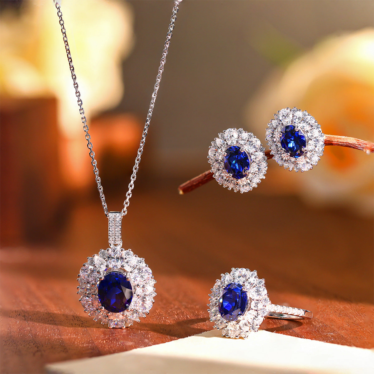 Blue Sapphire Oval Halo Jewelry Set, Necklace Earrings Ring, Silver-Tone product image