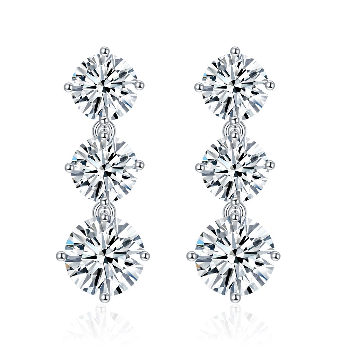 925 Silver Moissanite Three-Stone Drop Earrings, 6.0mm Prong-Set Stud Design product image