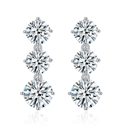 925 Silver Moissanite Three-Stone Drop Earrings, 6.0mm Prong-Set Stud Design