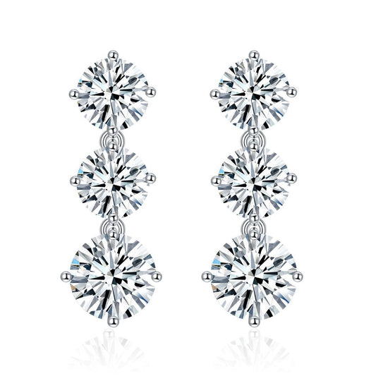 925 Silver Moissanite Three-Stone Drop Earrings, 6.0mm Prong-Set Stud Design product image