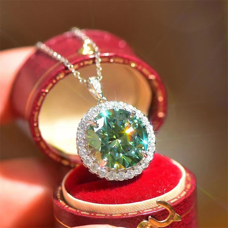 Green Moissanite Halo Pendant Necklace, Round Cut Sparkling Jewelry for Women product image
