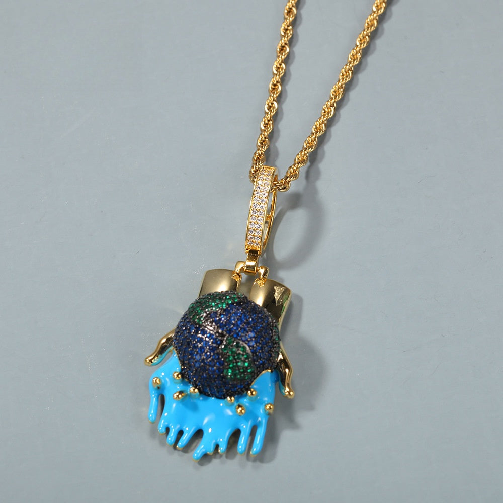 Unisex Dripping Earth Globe Pendant Necklace with Twisted Rope Chain - Gold or Silver Tone, 18/20/24 Inch