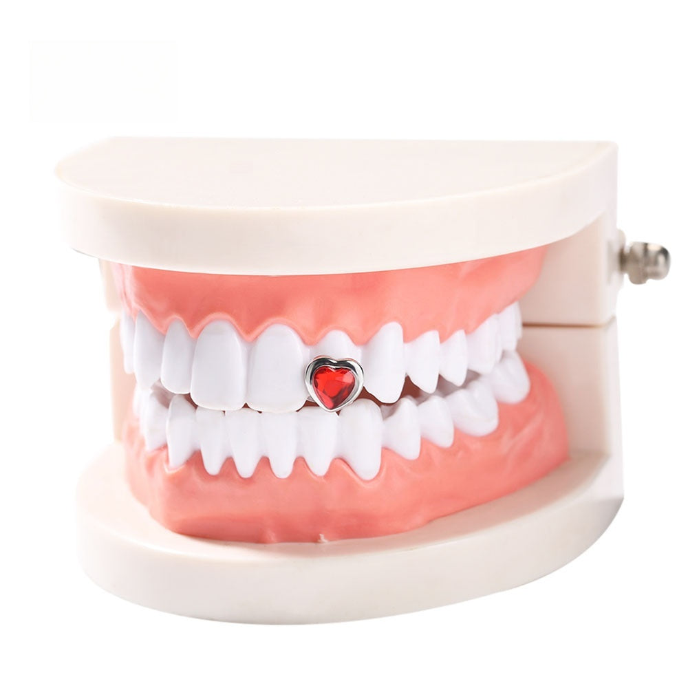 Heart Tooth Gem Grillz Charm in Silver Tone with Red or Green Crystal for Women
