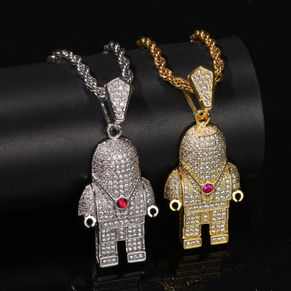 Iced Astronaut Pendant Necklace for Women & Men with Cubic Zirconia Hip Hop Chain in Gold, Silver & Two-Tone