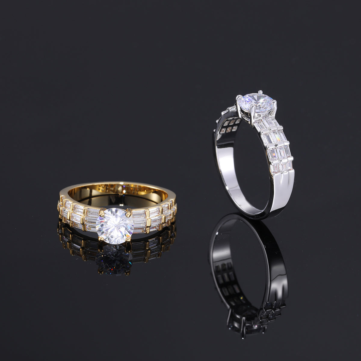 7MM Iced Out Zircon Ring for Men and Women - Round Center Geometric Band in White Tone or Yellow Tone product image