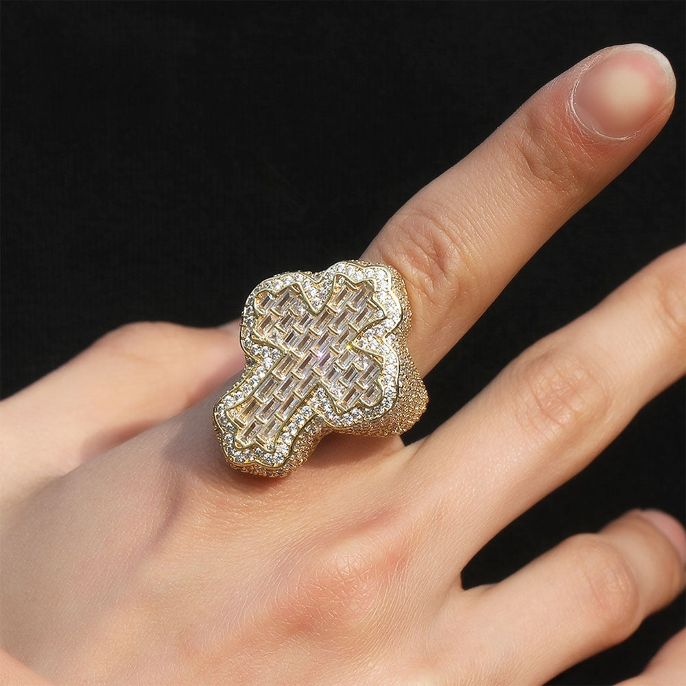 Unisex Iced Cross Ring with Cubic Zirconia, Gold Plated or Silver Plated Statement Ring