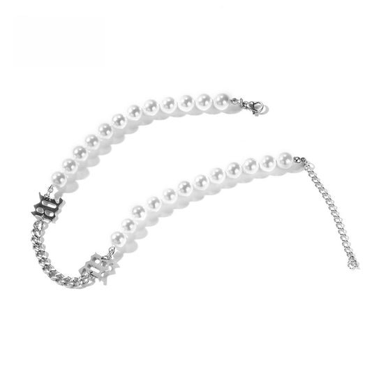 Unisex Pearl Chain Necklace with Circular Link Detail - Trendy Statement Pendant Necklace