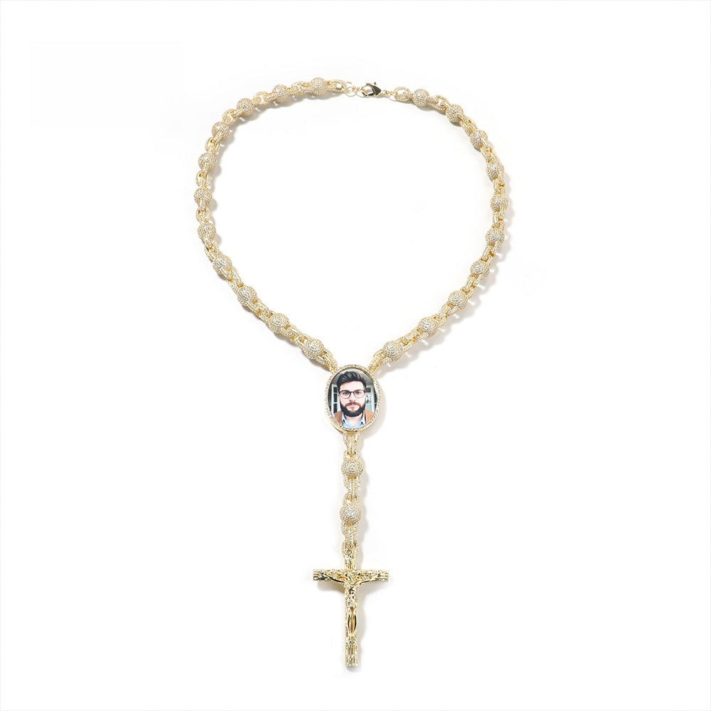 Unisex Iced Circular Photo Pendant Necklace with Cross Drop - Gold or Silver Color Cubic Zirconia Hip Hop Chain