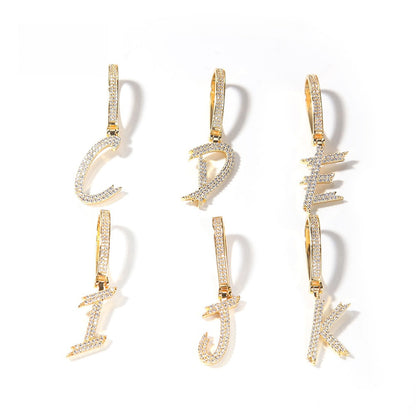 Iced Initial Letter Pendant Necklace for Women & Men - Cubic Zirconia Script Alphabet Charm on 24 Inch Twisted Chain, Gold or Silver Tone