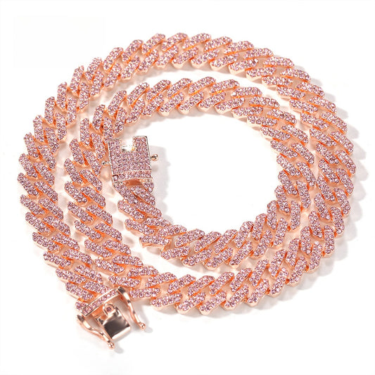 2026 Pink Iced Cuban Link Chain Set for Men – Alloy Electroplated Bracelet & Necklace Street Style Jewelry