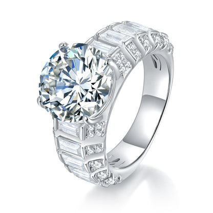 5 Carat Round Moissanite Ring with Baguette and Pavé Accents