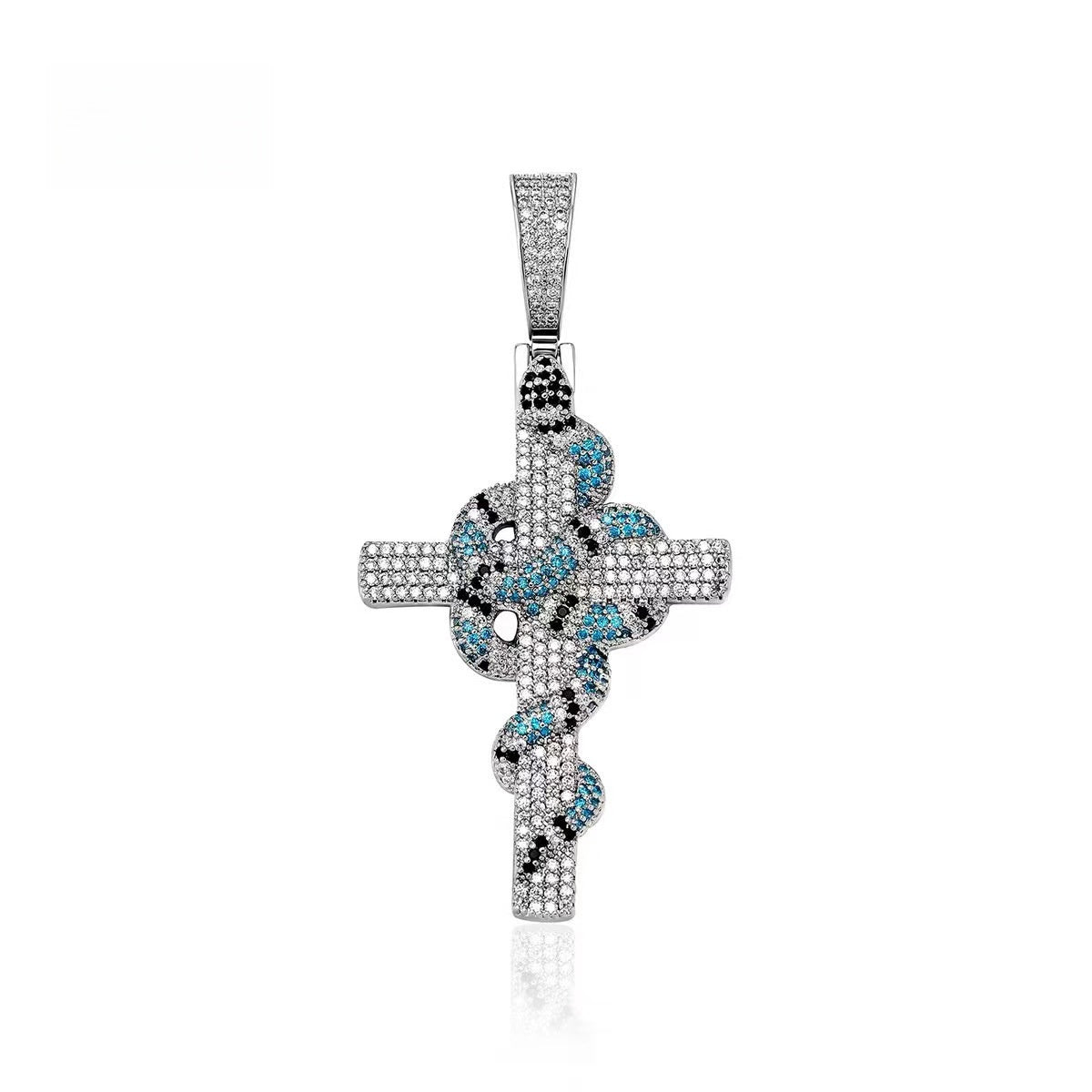Silver Plated Iced Out Snake Cross Pendant Necklace with Cubic Zirconia Twisted Chain for Women