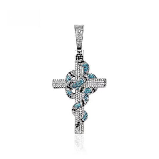 Silver Plated Iced Out Snake Cross Pendant Necklace with Cubic Zirconia Twisted Chain for Women