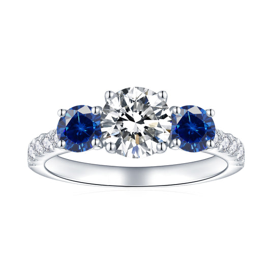 Three-Stone Moissanite Ring for Women, Blue Accent Engagement Ring product image