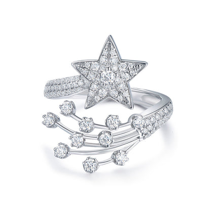 Moissanite Star Open Ring for Women, Silver Comet Celestial Ring