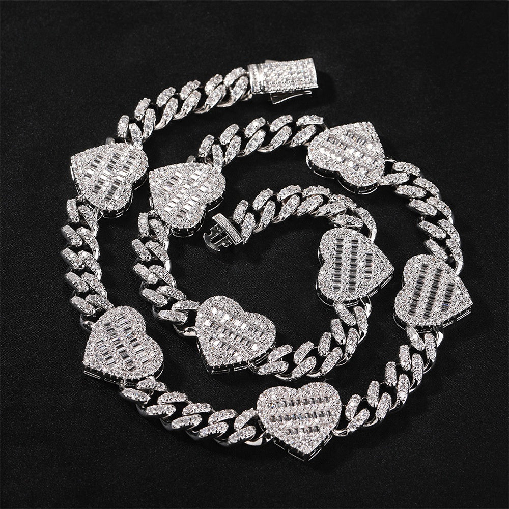 Iced Out Heart Cuban Link Bracelet & Necklace Set for Women and Men - Gold or Silver Color Cubic Zirconia Chain Jewelry