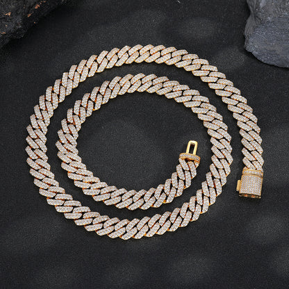 12mm Geometric Cuban Link Chain Necklace & Bracelet Set, Cubic Zirconia Hip Hop Jewelry