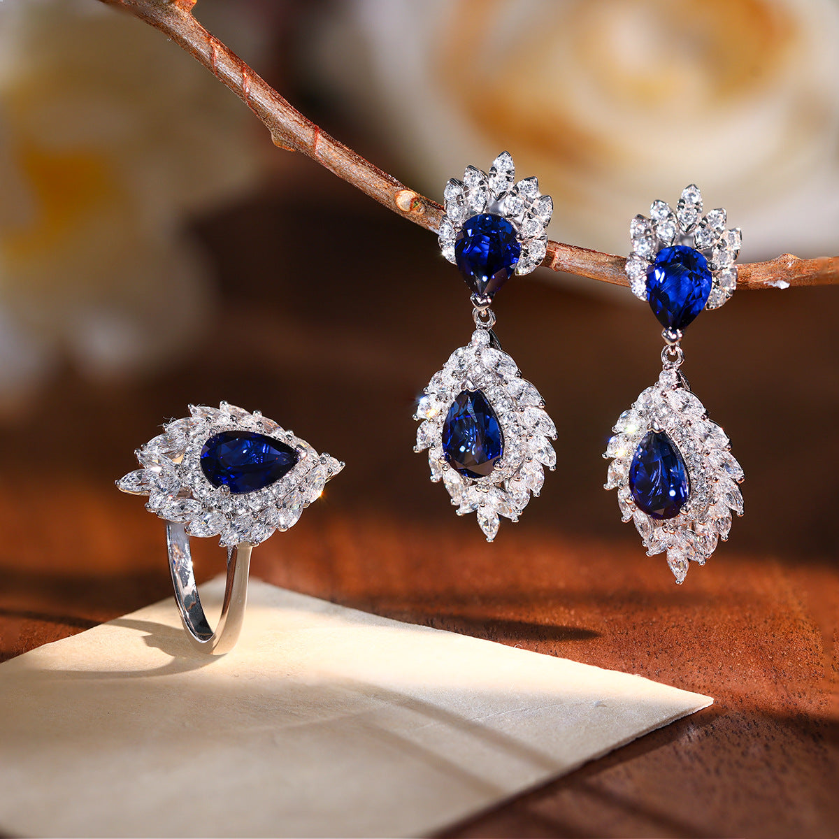 925 Silver Blue Teardrop Halo Ring and Earrings Set product image