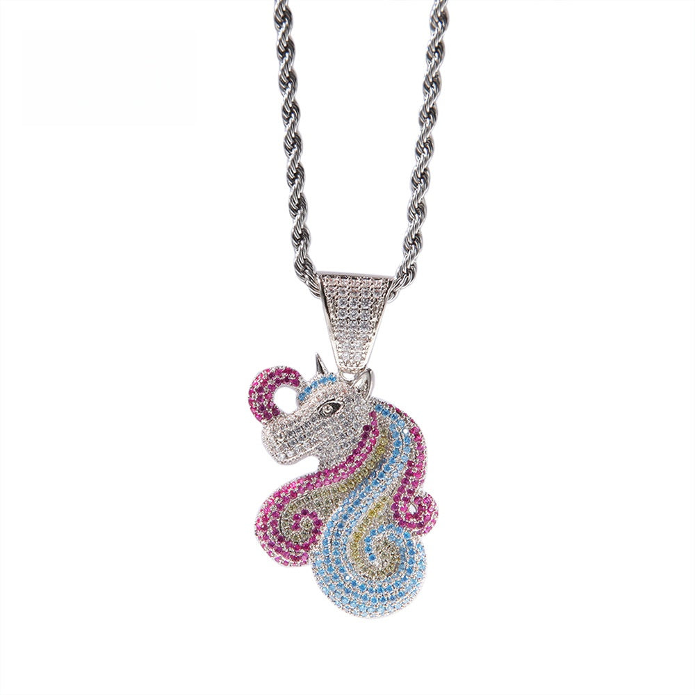 Unicorn Cubic Zirconia Pendant Necklace for Women – Gold Plated or Silver Plated Cartoon Statement Chain Necklace