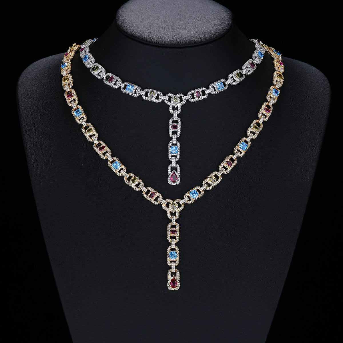 Multicolor Cubic Zirconia Geometric Link Chain Pendant Necklace, Asymmetric Iced-Out Unisex Statement Jewelry product image