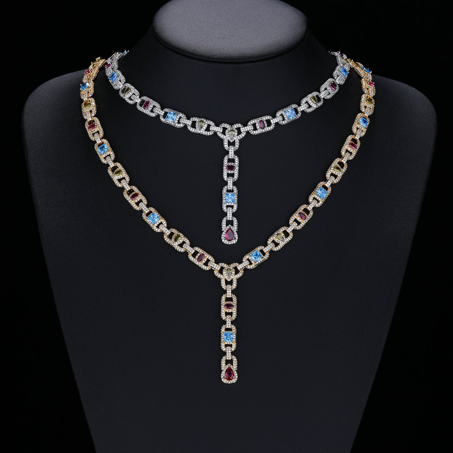 Multicolor Zircon Geometric Link Chain Pendant Necklace, Asymmetric Iced-Out Unisex Statement Jewelry