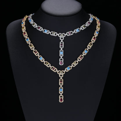 Multicolor Cubic Zirconia Geometric Link Chain Pendant Necklace, Asymmetric Iced-Out Unisex Statement Jewelry