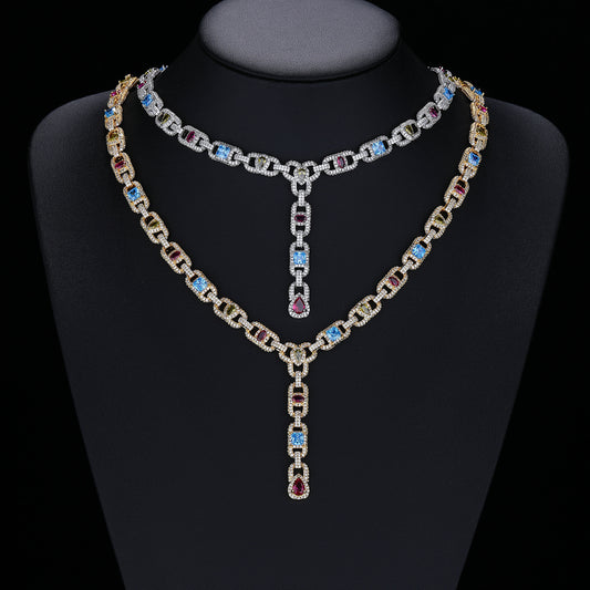 Multicolor Zircon Geometric Link Chain Pendant Necklace, Asymmetric Iced-Out Unisex Statement Jewelry