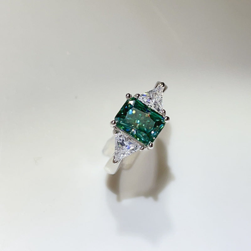 Green Moissanite Geometric Ring with Triangle Side Stones for Women product image