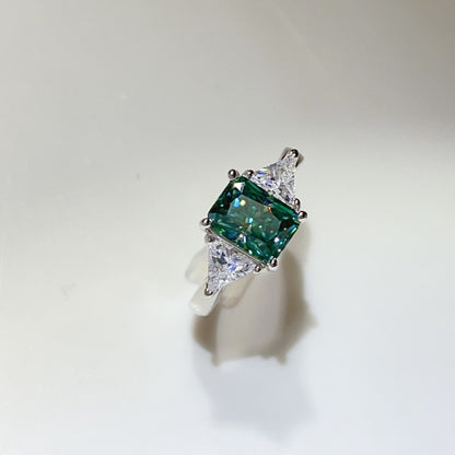 Green Moissanite Geometric Ring with Triangle Side Stones for Women