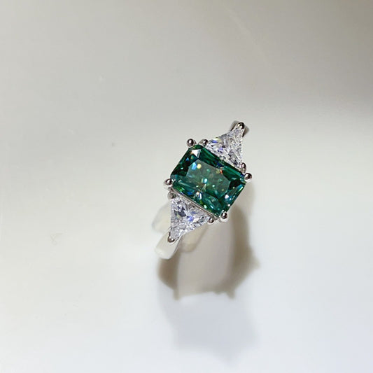 Green Moissanite Geometric Ring with Triangle Side Stones for Women