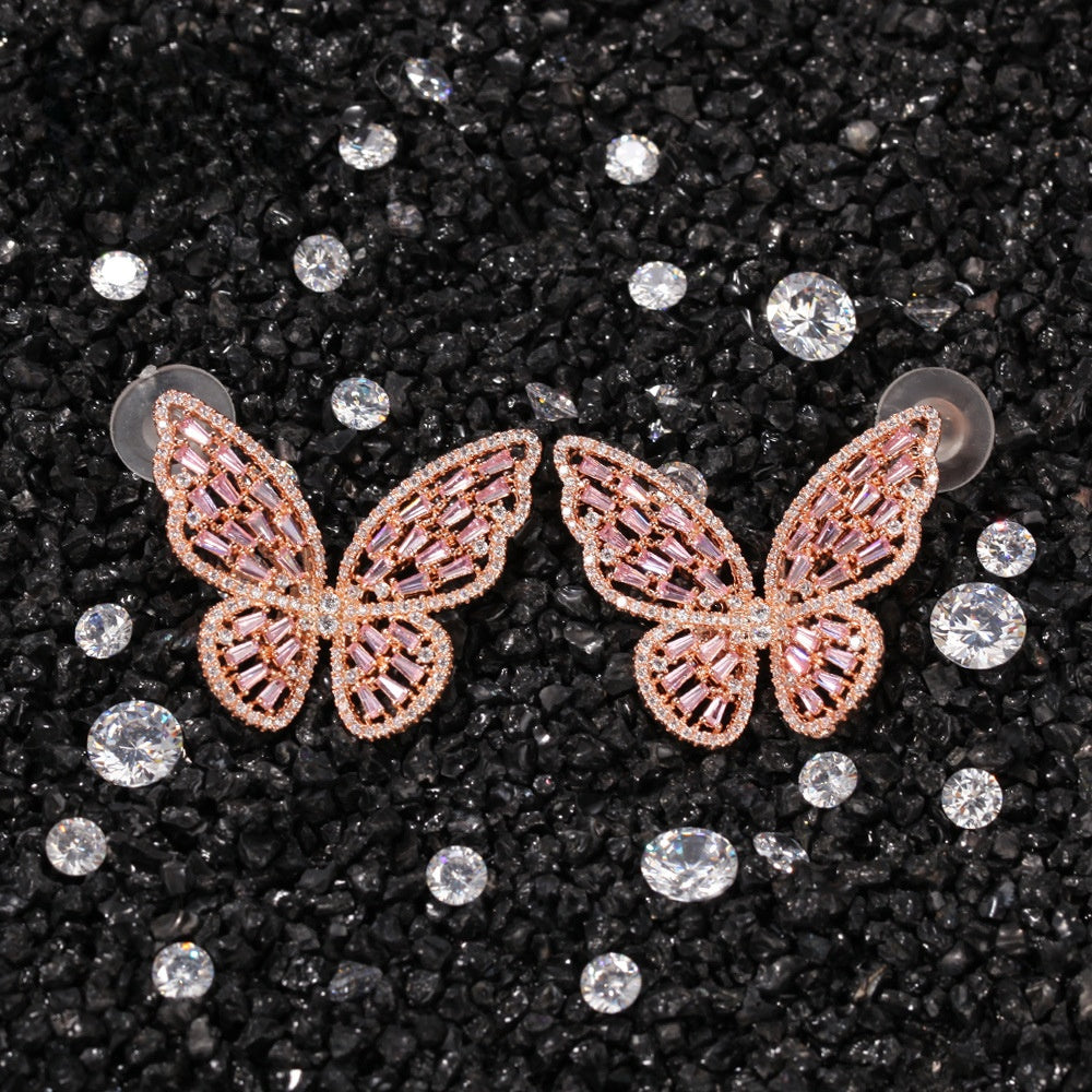 Pink Butterfly Cubic Zirconia Stud Earrings for Women - Rose Gold Tone Copper Statement Earrings product image