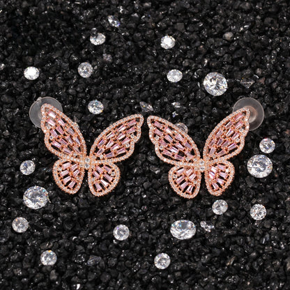 Pink Butterfly Cubic Zirconia Stud Earrings for Women - Rose Gold Tone Copper Statement Earrings