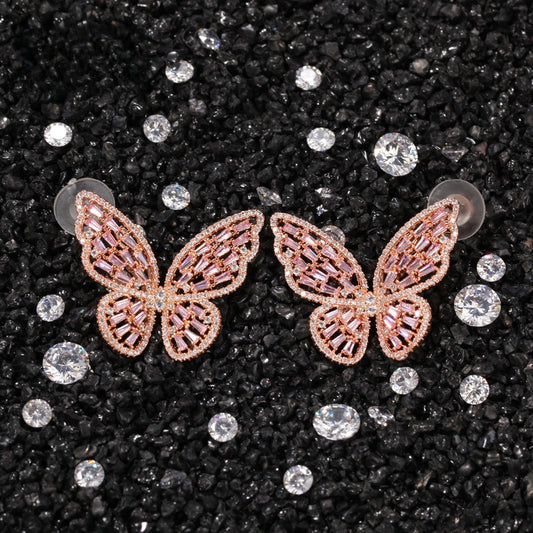 Pink Butterfly Cubic Zirconia Stud Earrings for Women - Rose Gold Tone Copper Statement Earrings