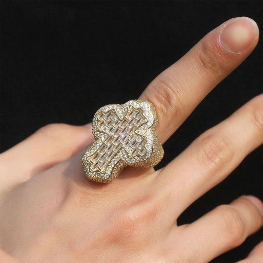 Unisex Iced Cross Ring with Cubic Zirconia, Gold Plated or Silver Plated Statement Ring