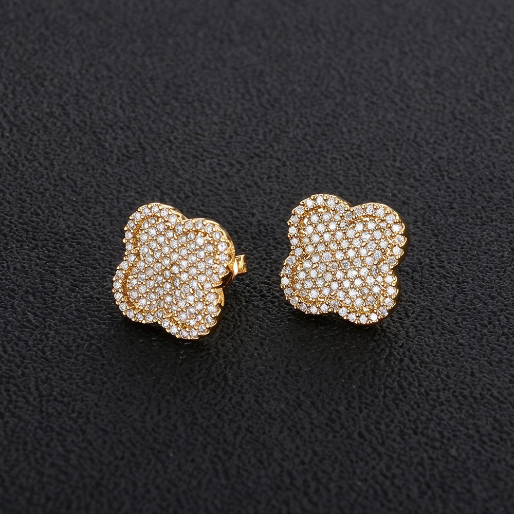 Clover Pave CZ Stud Hip Hop Earrings with Copper Base - EAR040 product image