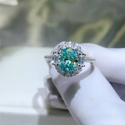 Green Moissanite Halo Ring for Women, Oval Center Stone Promise Engagement Ring