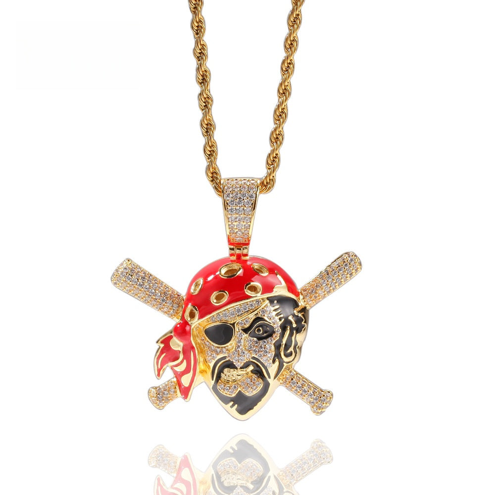 Iced Skull Pirate Pendant Necklace for Women & Men – Gold Plated Copper Chain Necklace with Cubic Zirconia Statement Charm