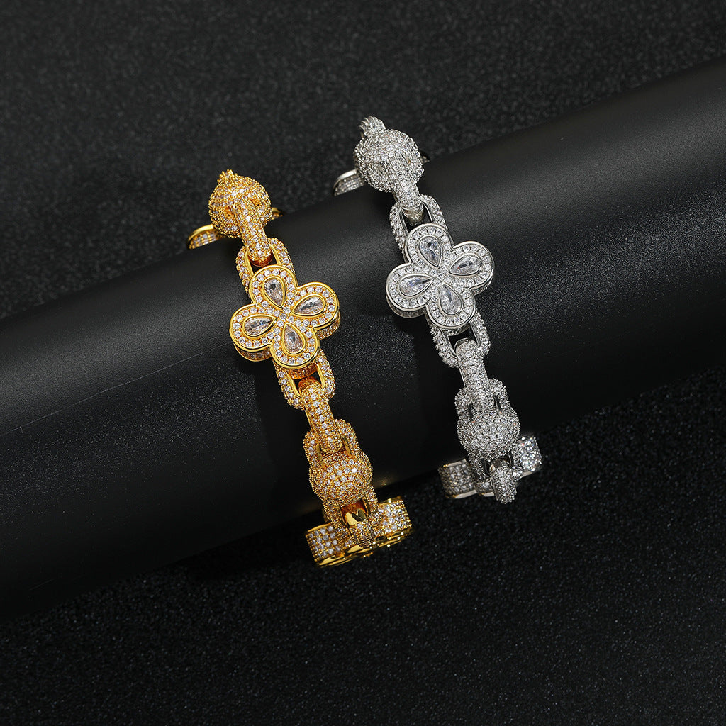 Hip Hop Four Leaf Clover Bubble Cubic Zirconia Bracelet for Men